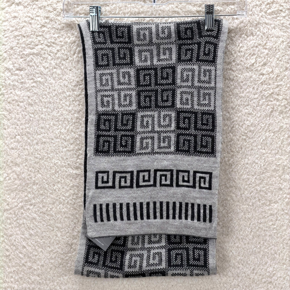 Inka's Fiber Open Scarf 100% Baby Alpaca 73"x9.5" Gray Black Greek Pattern Peru - Picture 3 of 8